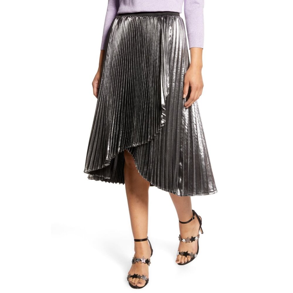 Halogen AtlanticXpacific Waterfall Lame Pleated Midi Skirt Sz S NEW